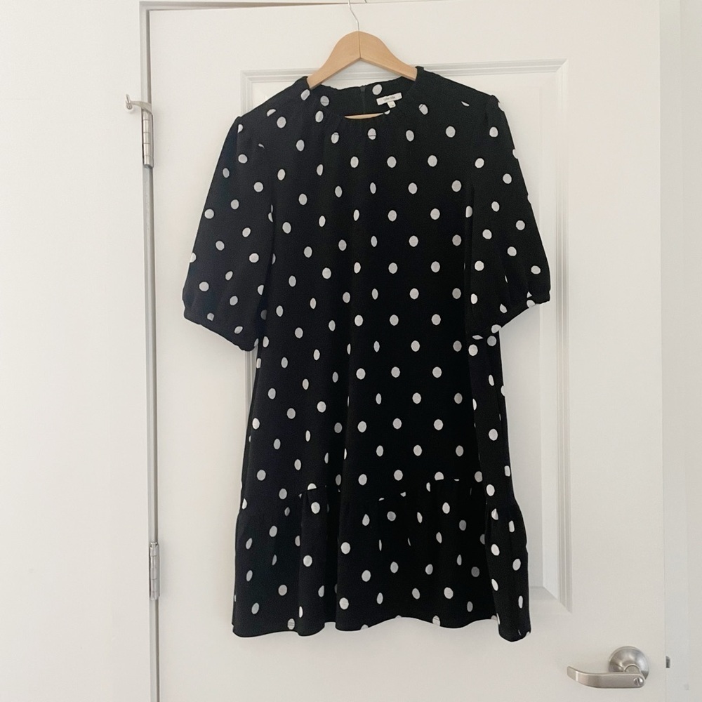 Tyler Boe Polka Dot Puff Sleeve Ruffle Dress Preppy Knit